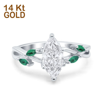 14K White Gold Infinity Twist Green Simulated Emerald Marquise Art Deco Engagement Wedding Bridal Ring Simulated CZ Size-7